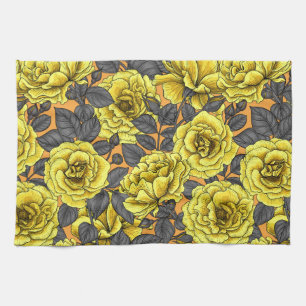 Yellow roses with blue leaves on blue tea towel