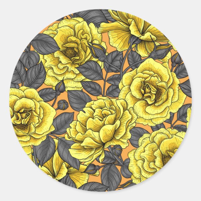 Yellow roses with grey leaves on orange classic round sticker (Front)
