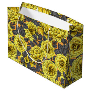 Yellow roses with grey leaves on orange large gift bag