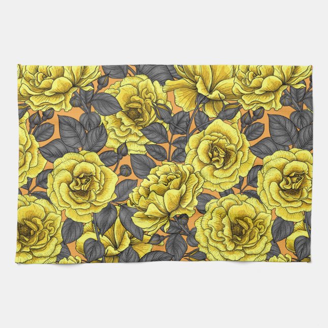 Yellow roses with grey leaves on orange tea towel (Horizontal)