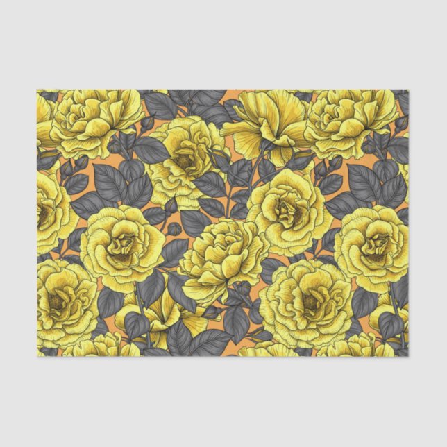 Yellow roses with grey leaves on orange tissue paper (Front)