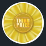 yellow rosette third prize sticker<br><div class="desc">A yellow ribbon third place rosette,  great for marking competition,  show or exhibition entries. Also available: first & second prize in red or blue,  and green fourth. Other colours,  placings or wording on request!</div>