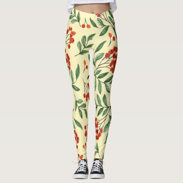 Yellow Rowan Watercolor Seamless Pattern Leggings (Front)