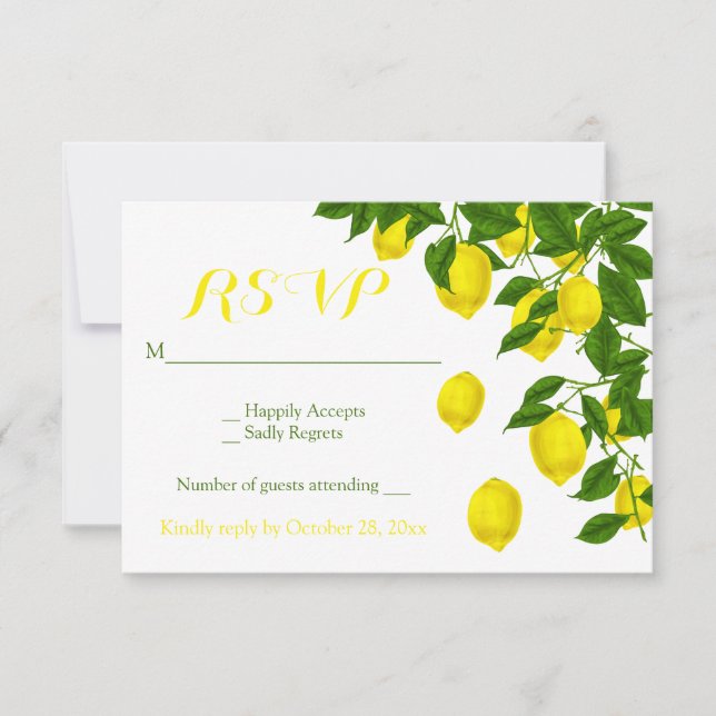 Yellow RSVP Watercolor Lemons Green Wedding Card (Front)