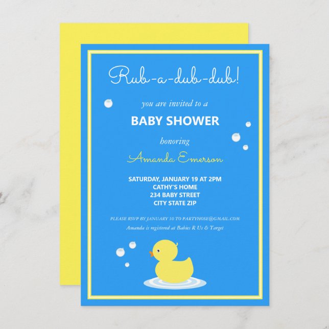 Yellow Rubber Duck Baby Shower Invitation (Front/Back)