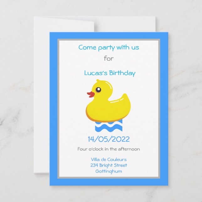 yellow rubber duck birthday party invitation (Front)