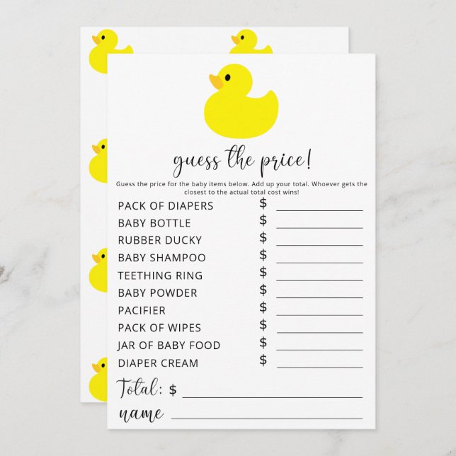 Yellow Rubber Duck - Guess the price game Invitation (Front/Back)
