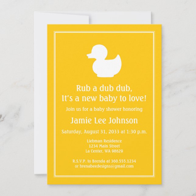 Yellow Rubber Duckie Baby Shower Invitation (Front)