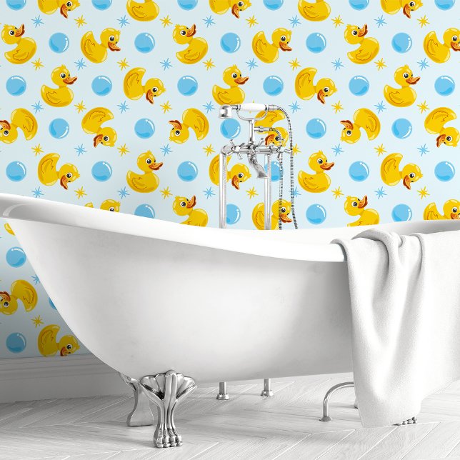 Yellow Rubber Ducks On Blue With Blue Bubbles Kids Wallpaper (Creator Uploaded)