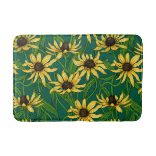 Yellow Rudbekia on dark green Bath Mat