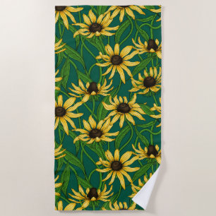 Yellow Rudbekia on dark green Beach Towel