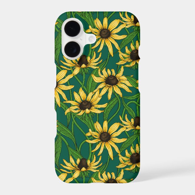 Yellow Rudbekia on dark green iPhone Case (Back)