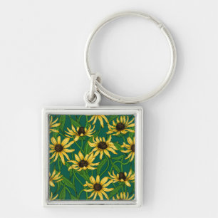 Yellow Rudbekia on dark green Key Ring