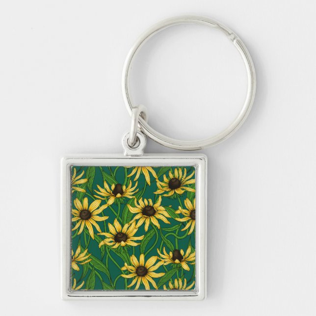 Yellow Rudbekia on dark green Key Ring (Front)