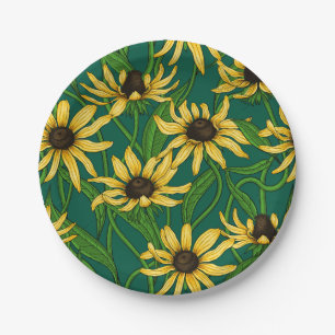 Yellow Rudbekia on dark green Paper Plate