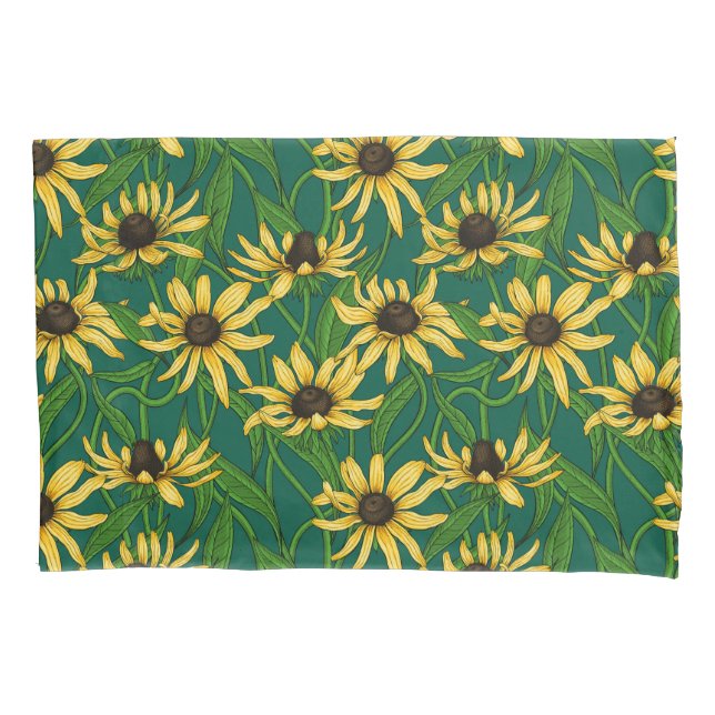 Yellow Rudbekia on dark green Pillowcase (Front-Left)