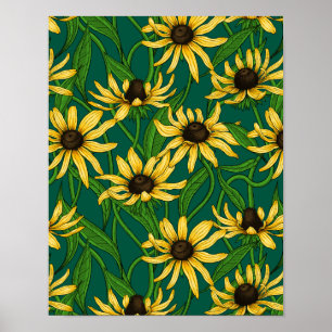 Yellow Rudbekia on dark green Poster
