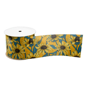 Yellow Rudbekia on dark green Satin Ribbon