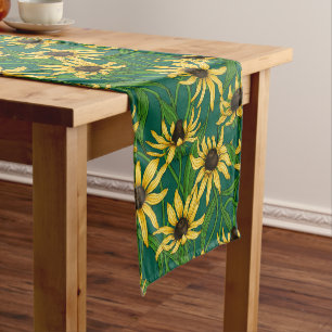 Yellow Rudbekia on dark green Short Table Runner