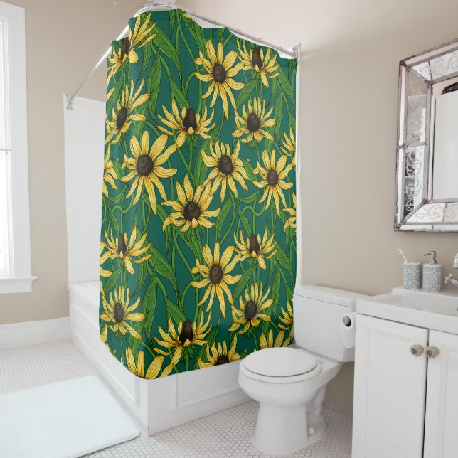 Yellow Rudbekia on dark green Shower Curtain (In Situ)