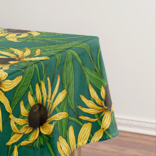 Yellow Rudbekia on dark green Tablecloth