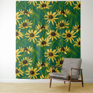 Yellow Rudbekia on dark green Tapestry