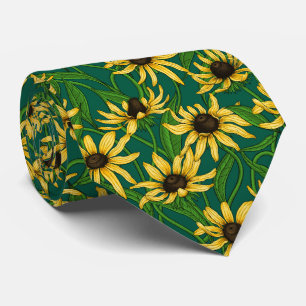 Yellow Rudbekia on dark green Tie