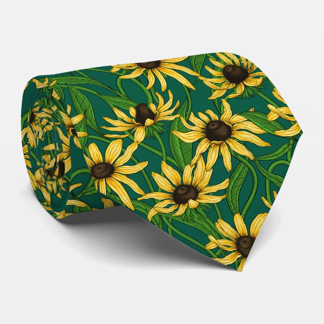 Yellow Rudbekia on dark green Tie (Rolled)
