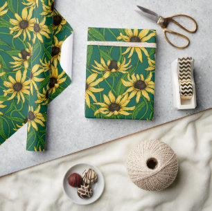Yellow Rudbekia on dark green Wrapping Paper