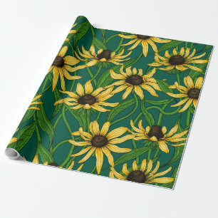 Yellow Rudbekia on dark green Wrapping Paper