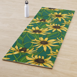 Yellow Rudbekia on dark green Yoga Mat