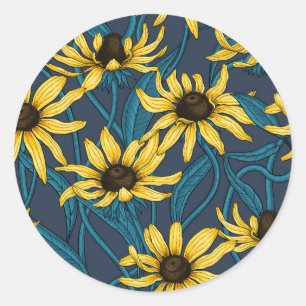 Yellow Rudbekia on navy Classic Round Sticker