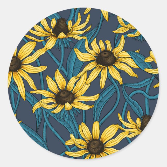 Yellow Rudbekia on navy Classic Round Sticker (Front)