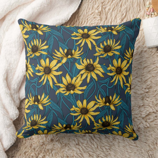 Yellow Rudbekia on navy Cushion (Blanket)