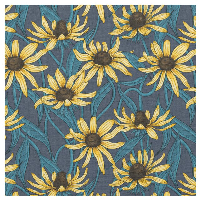 Yellow Rudbekia on navy Fabric (Close Up)
