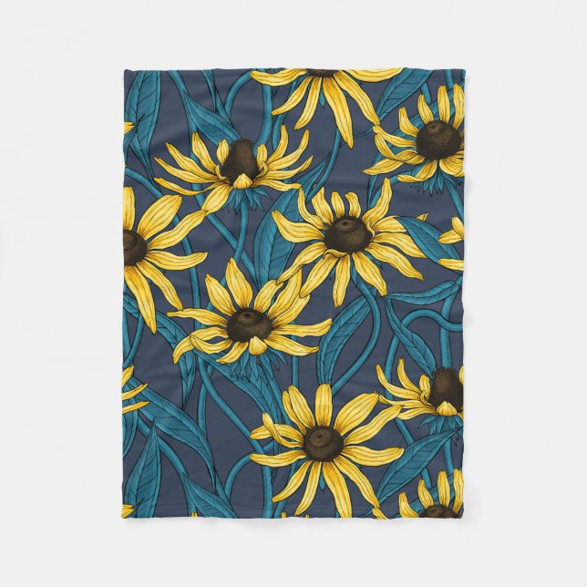 Yellow Rudbekia on navy Fleece Blanket (Front)