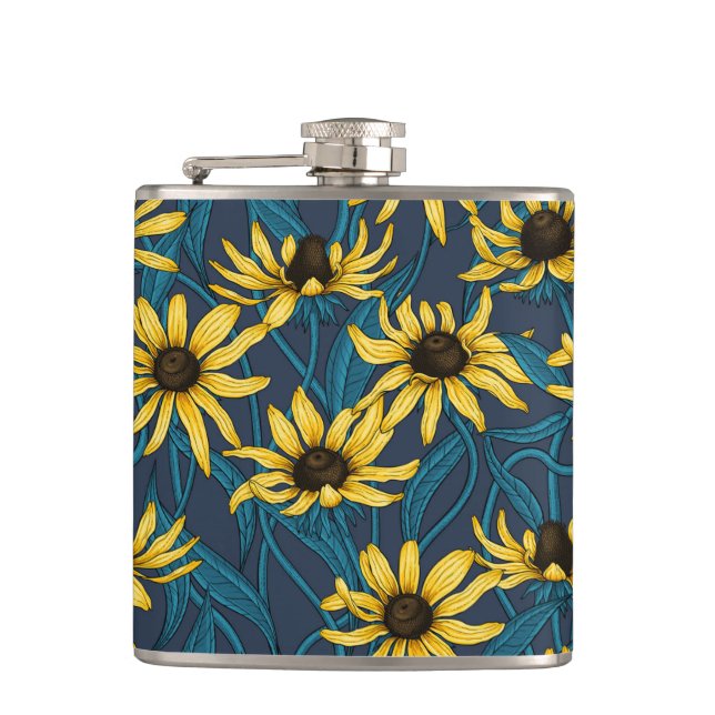 Yellow Rudbekia on navy Hip Flask (Front)