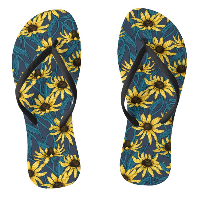 Yellow Rudbekia on navy Jandals (Footbed)