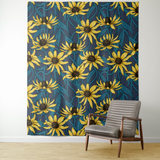 Yellow Rudbekia on navy Tapestry (In Situ)