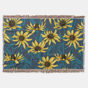 Yellow Rudbekia on navy Throw Blanket
