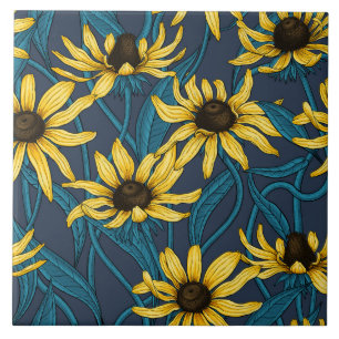 Yellow Rudbekia on navy Tile
