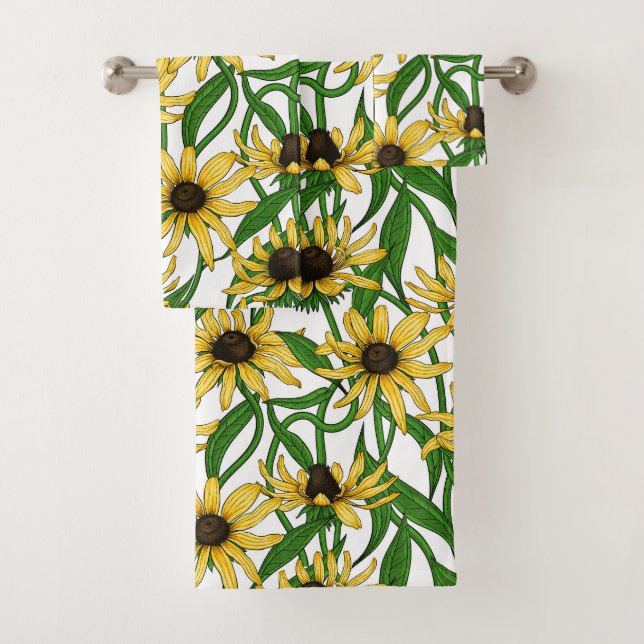 Yellow Rudbekia on white Bath Towel Set (Insitu)
