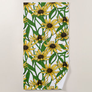 Yellow Rudbekia on white Beach Towel