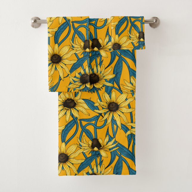 Yellow Rudbekia on yellow Bath Towel Set (Insitu)
