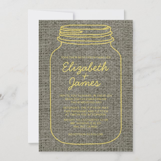 Yellow Rustic Burlap Mason Jar Wedding Invitations (Front)