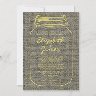 Yellow Rustic Burlap Mason Jar Wedding Invitations