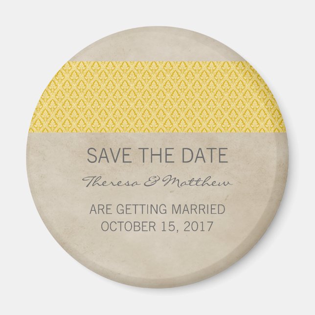 Yellow Rustic Damask Save the Date Magnet (Front)