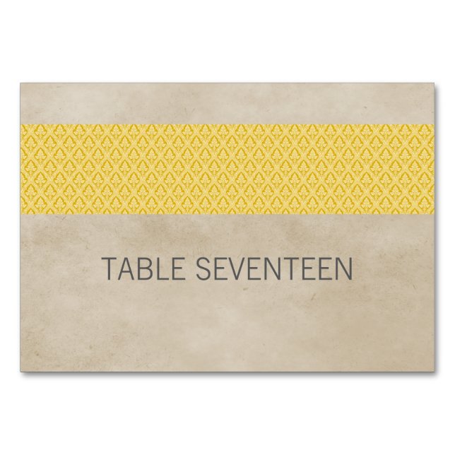 Yellow Rustic Damask Table Card (Front)