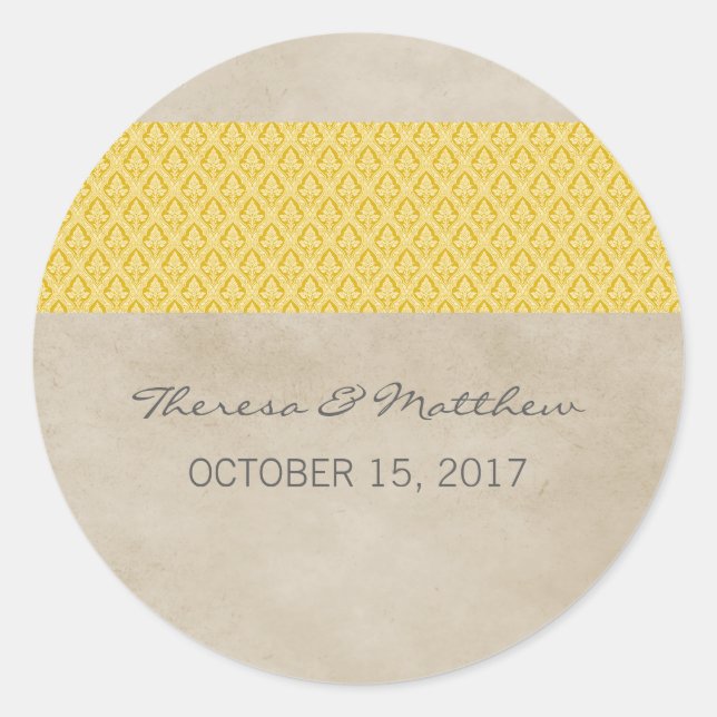 Yellow Rustic Damask Wedding Stickers (Front)