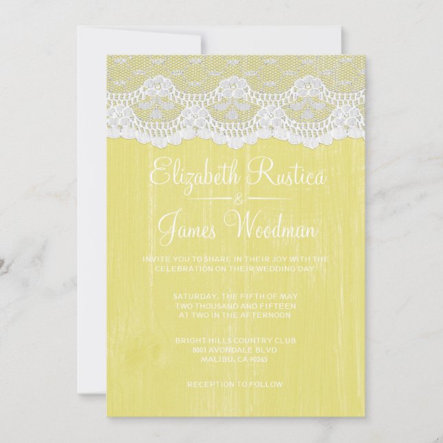 Yellow Rustic Lace & Barn Wood Wedding Invitations (Front)